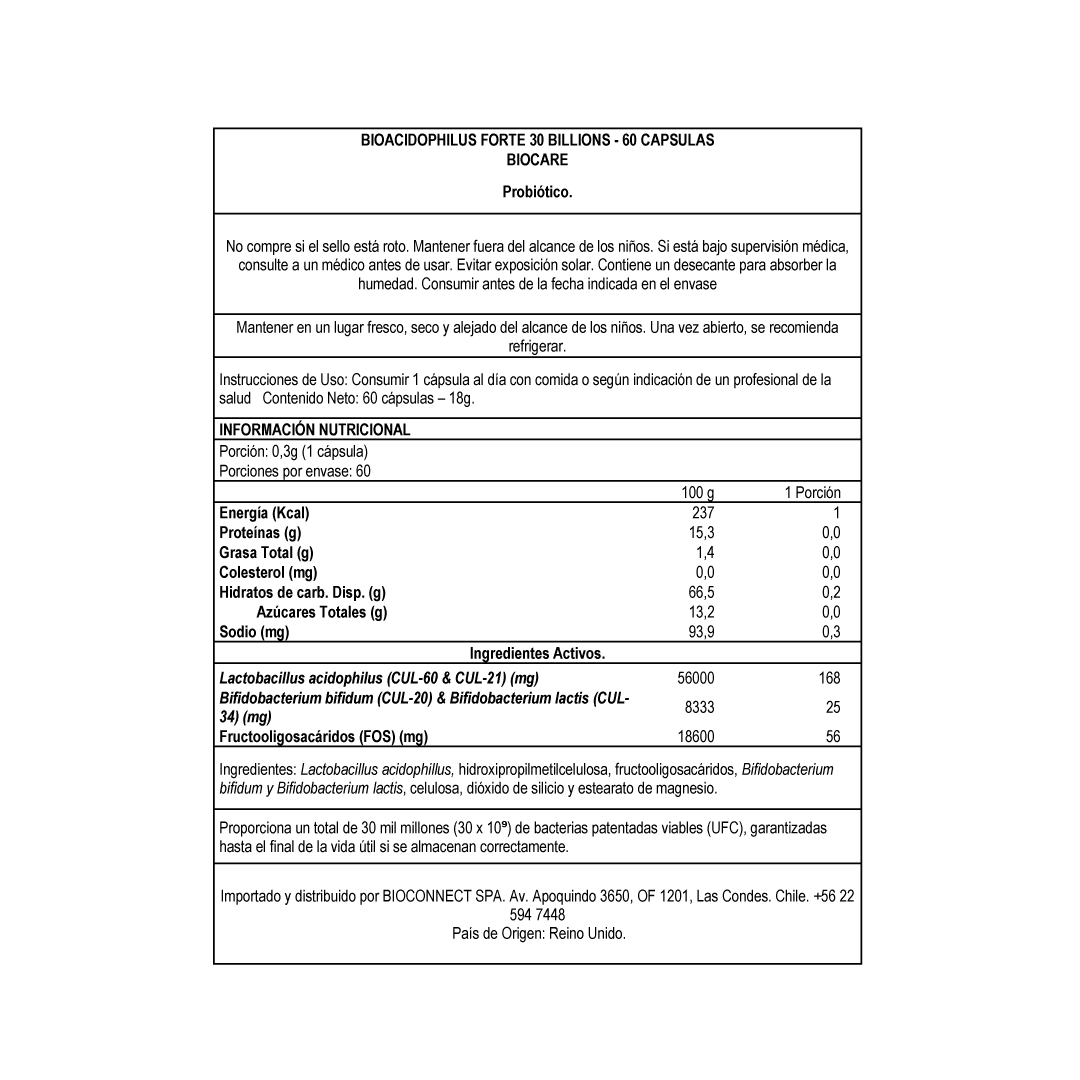 BioAcidophilus Forte - Probiotico - 30 billones por cápsula