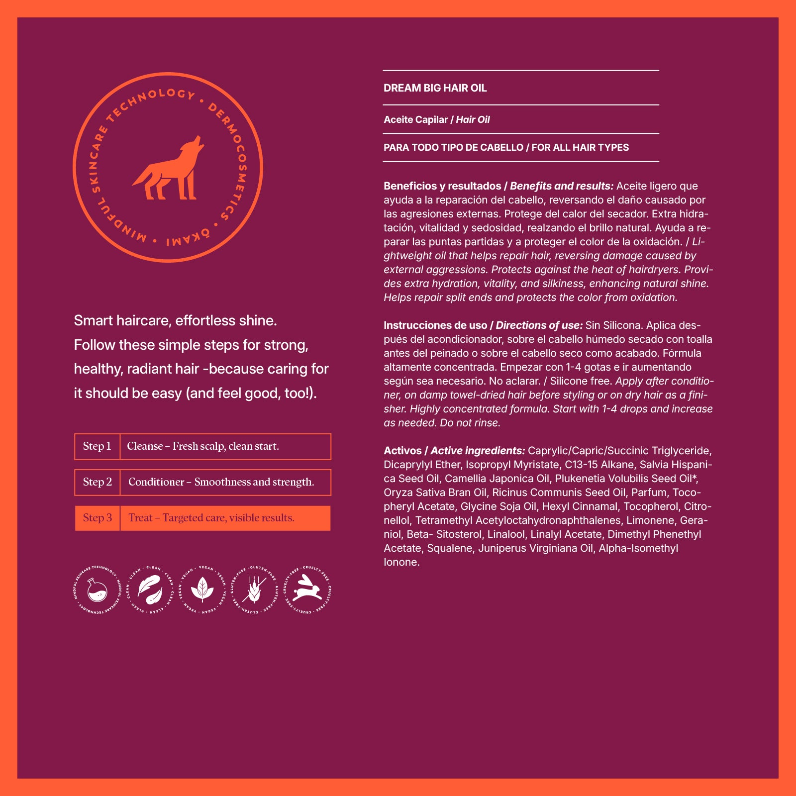 Hair Oil Dream Big Paso 3- Aceite de pelo Protege el Cabello del Calor, Repara Puntas Partidas y Aporta Brillo e Hidratación
