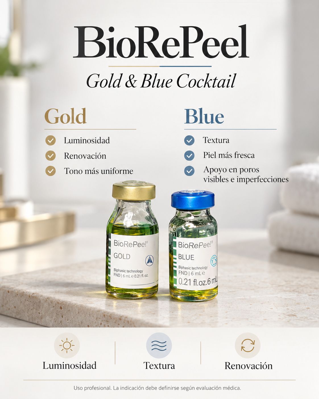 Peeling BioRePeel Blue + Gold: el peeling bifásico que renueva, ilumina y bioestimula tu piel desde la primera sesión, sin descamación ni tiempo de recuperación