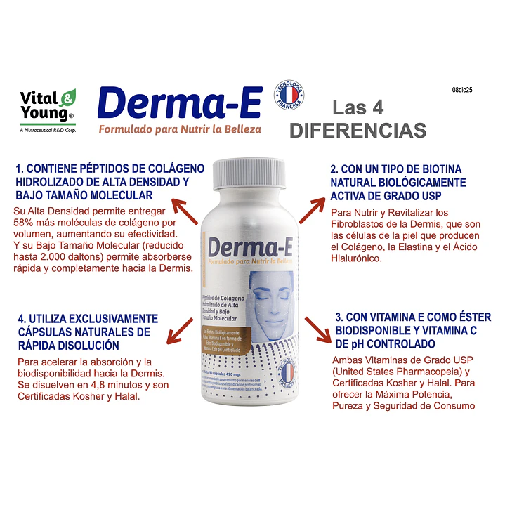 Derma-E  - Suplemento de colágeno hidrolizado + vitaminas que mejoran calidad de piel desde adentro