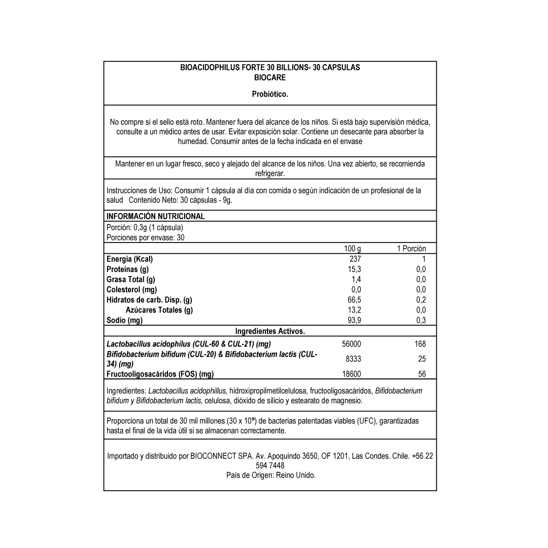 BioAcidophilus Forte PROBIÓTICO 30 billones 30 cápsulas - Restaurar y fortalecer la microbiota intestinal, con impacto directo en digestión, inmunidad e inflamación / 1 cápsula post desayuno